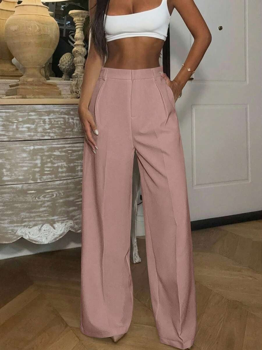 Solid High Waisted Wide Leg Dress Pants Business Work Trousers