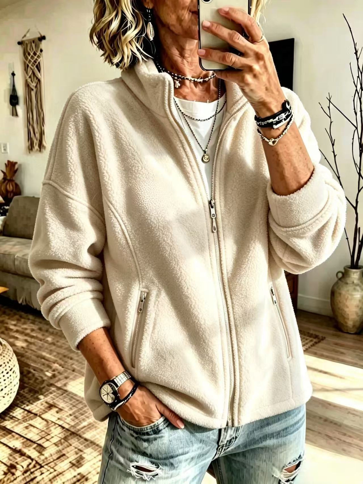 Women's Oversized Sherpa Fleece Zip Up Jacket