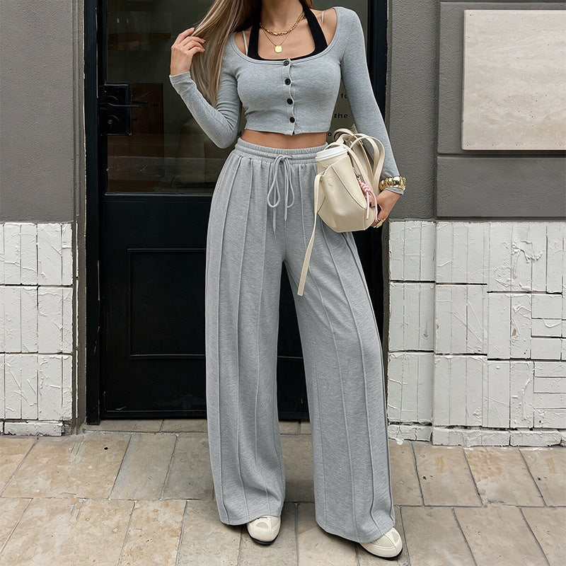 Women's High Waisted Pleated Drawstring Wide Leg Sweatpants