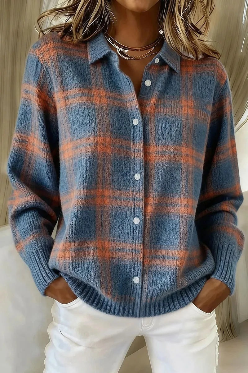 Plaid Knit Shirt Cardigan for Women, Relaxed Button-Up