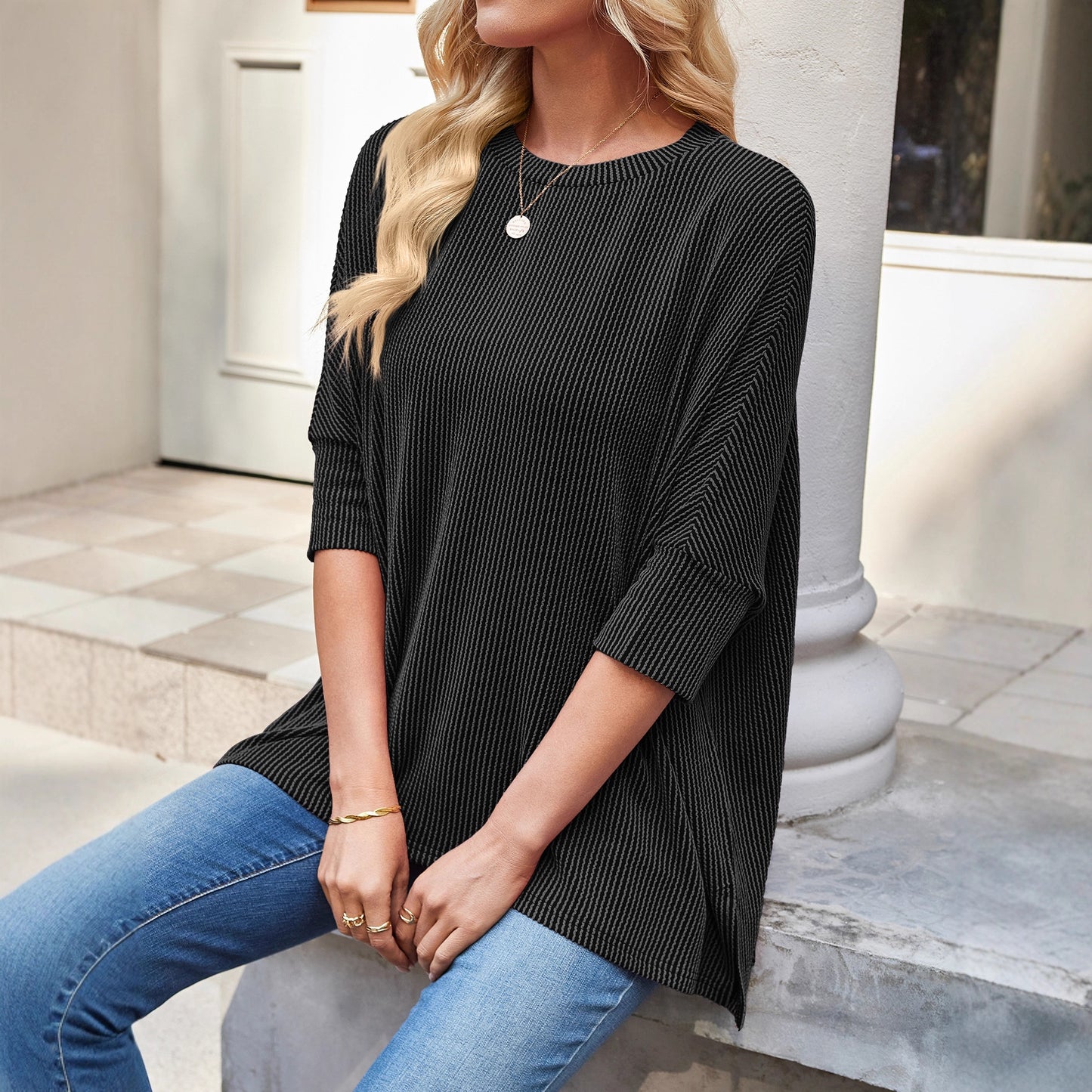 Ribbed Oversized Batwing Sleeve Crewneck Tee Top