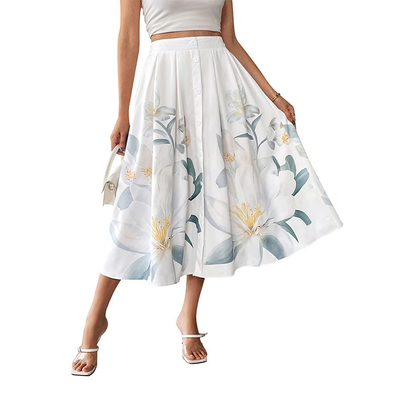 Floral Skirt Midi Button Front A-Line