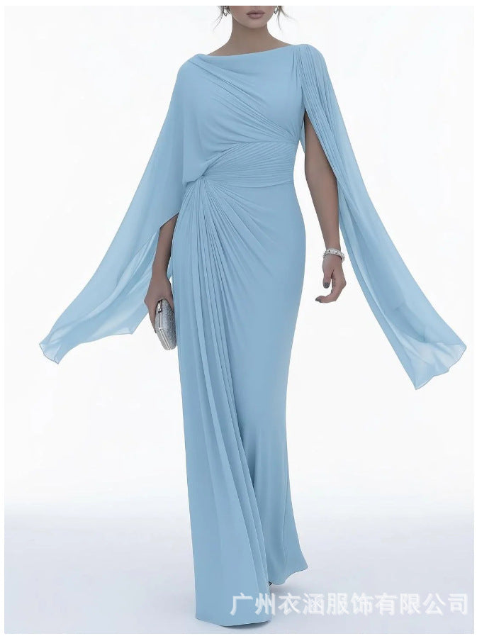 Women's Draped Ruched Batwing Sleeve Maxi Dress