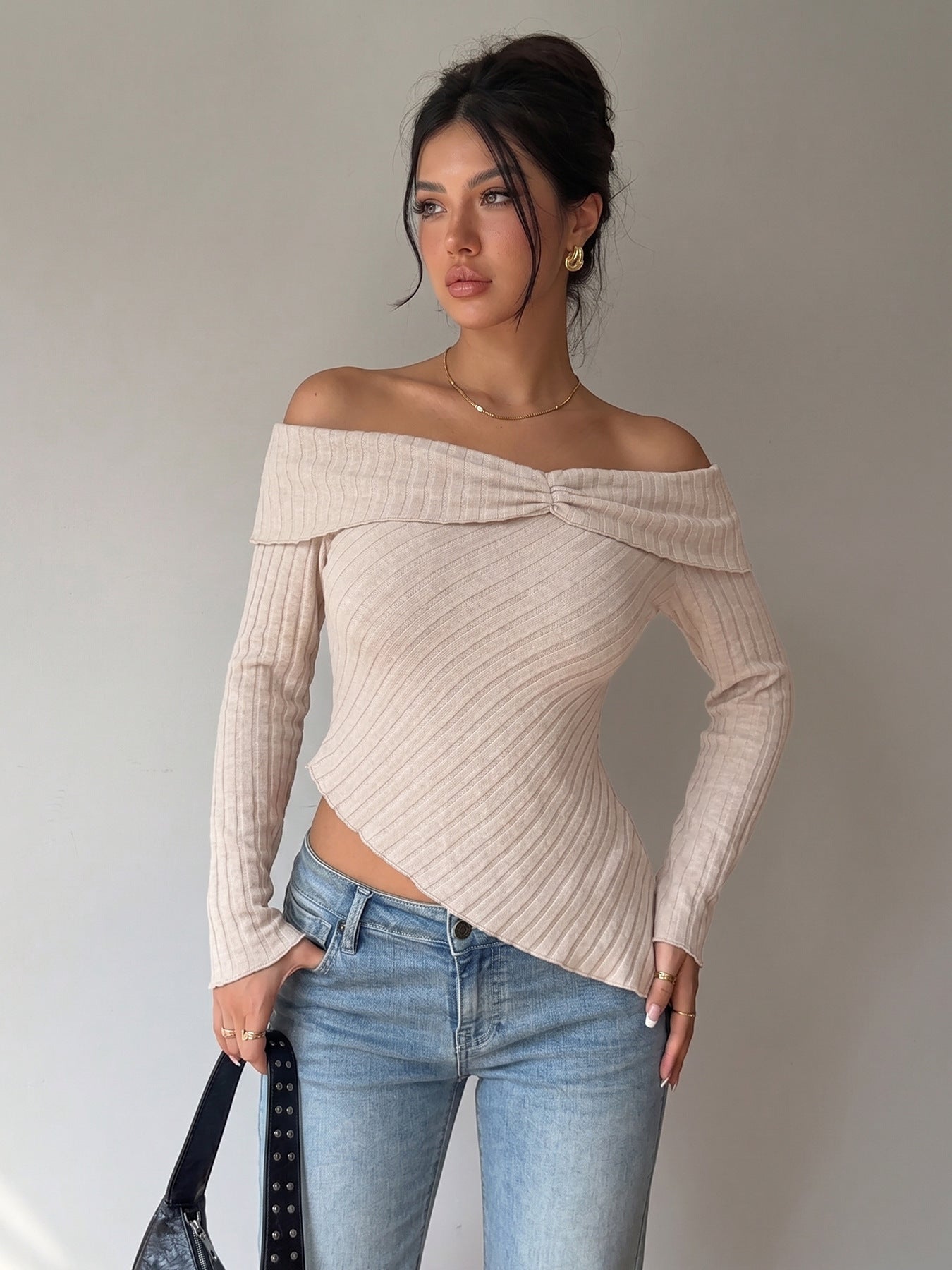 Off Shoulder Ribbed Knit Top Long Sleeve Slim Fit Blouse
