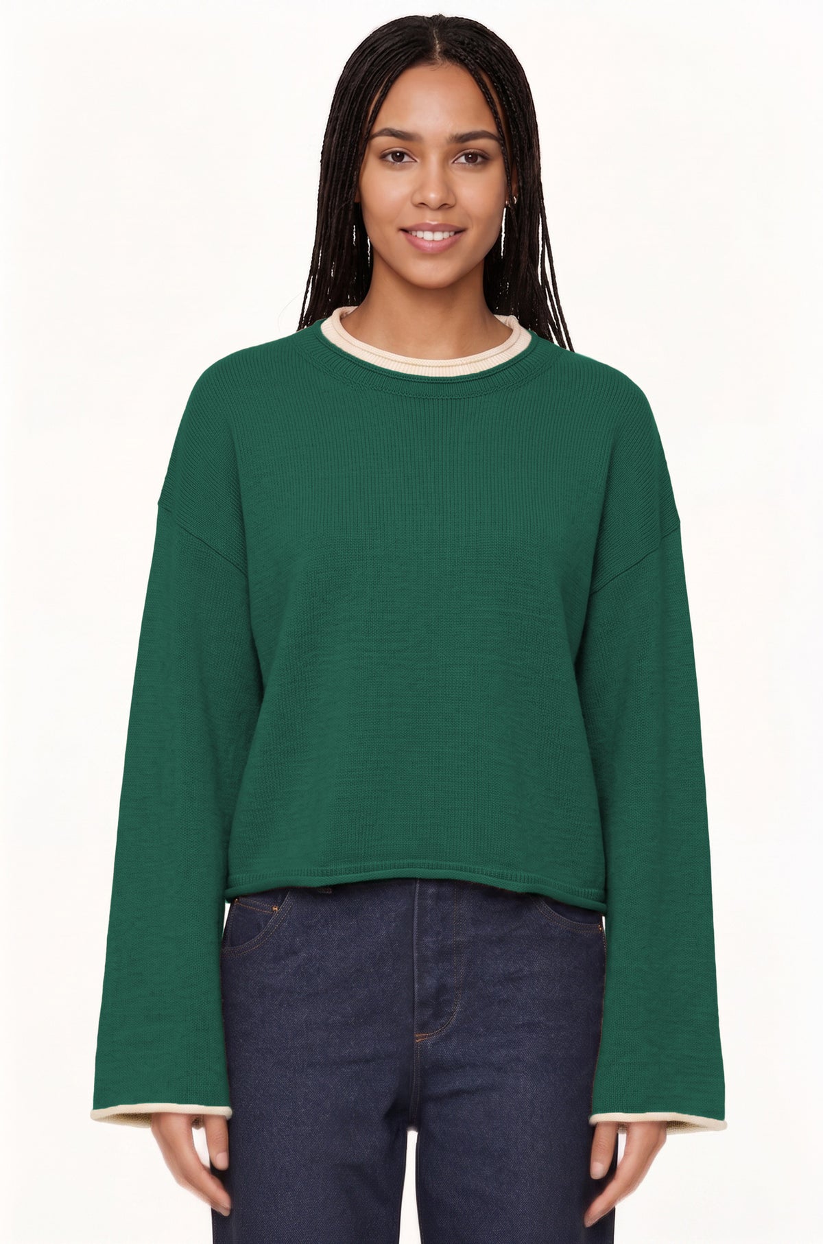 Women's Oversized Crewneck Contrast Trim Sweater