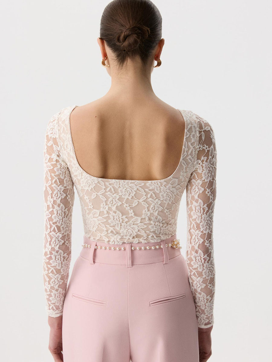 Women's Sheer Blouse Lace Long Sleeve Fitted U Neck Top