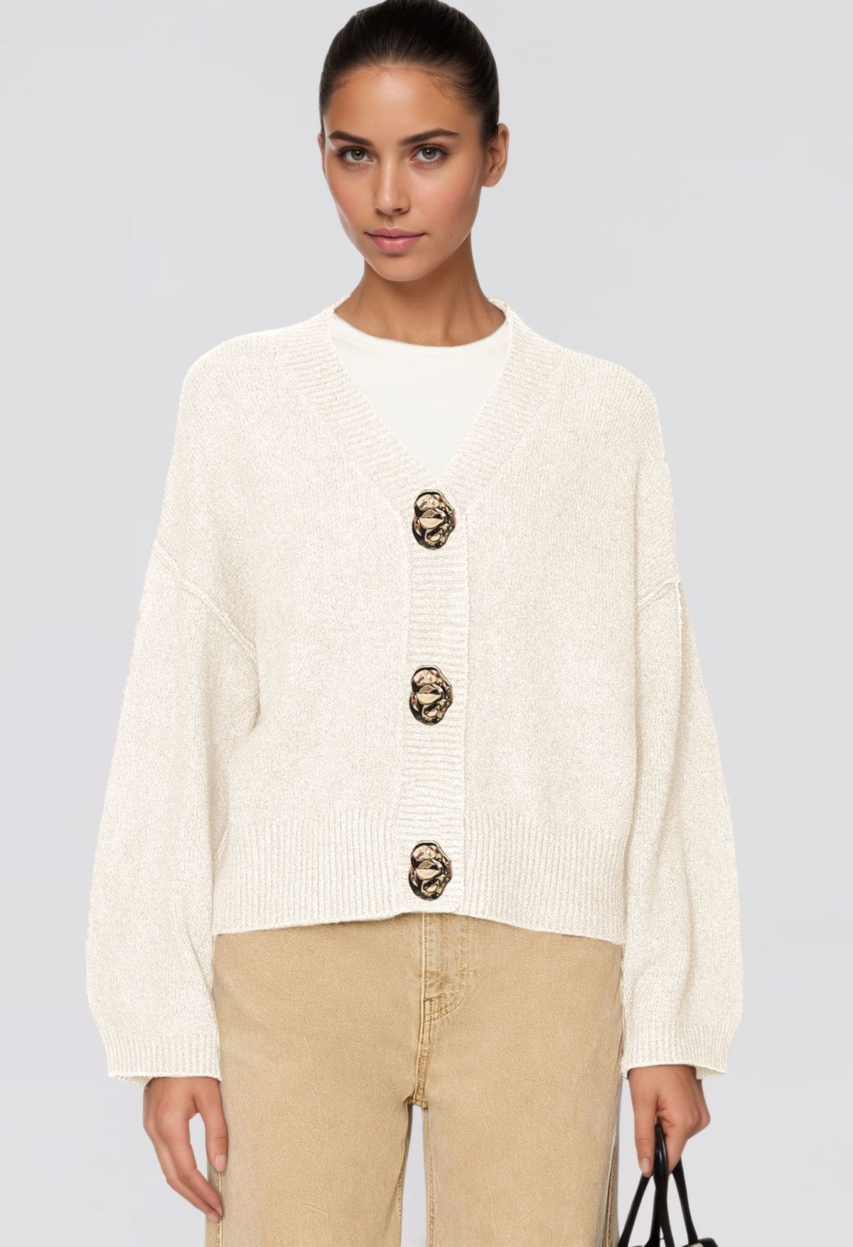 Womens Chunky V Neck Cardigan Statement Button Sweater