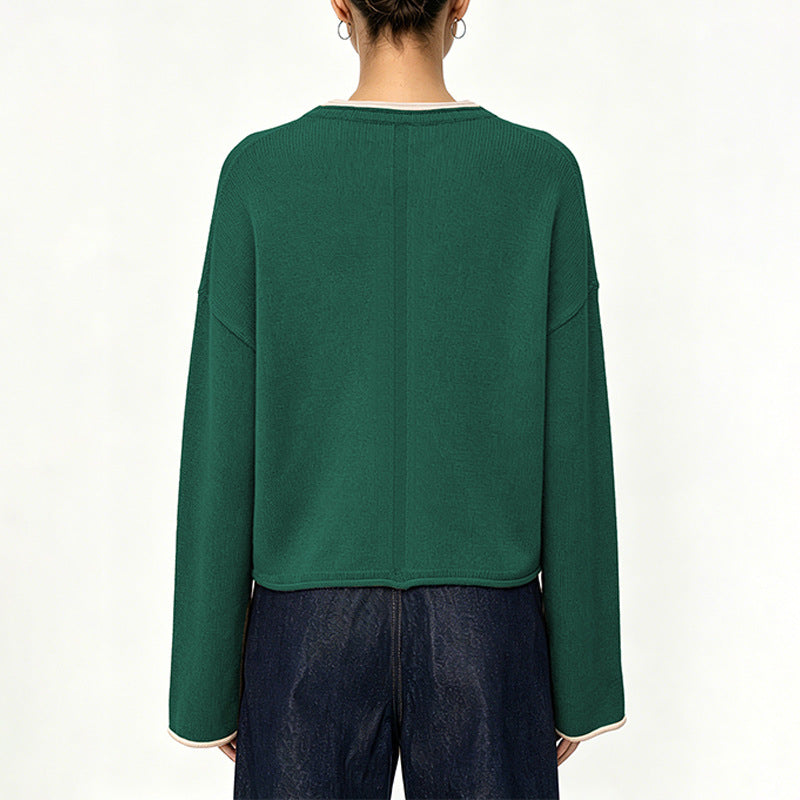 Women's Contrast Trim Crew Neck Oversized Knit Sweater