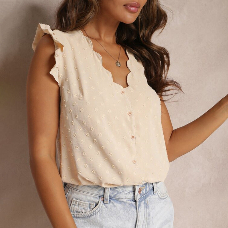 Solid Jacquard Blouse Casual Ruffle Sleeve V Neck
