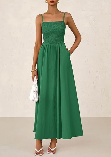 Spaghetti Strap Smocked Maxi Dress with Pockets for Summer