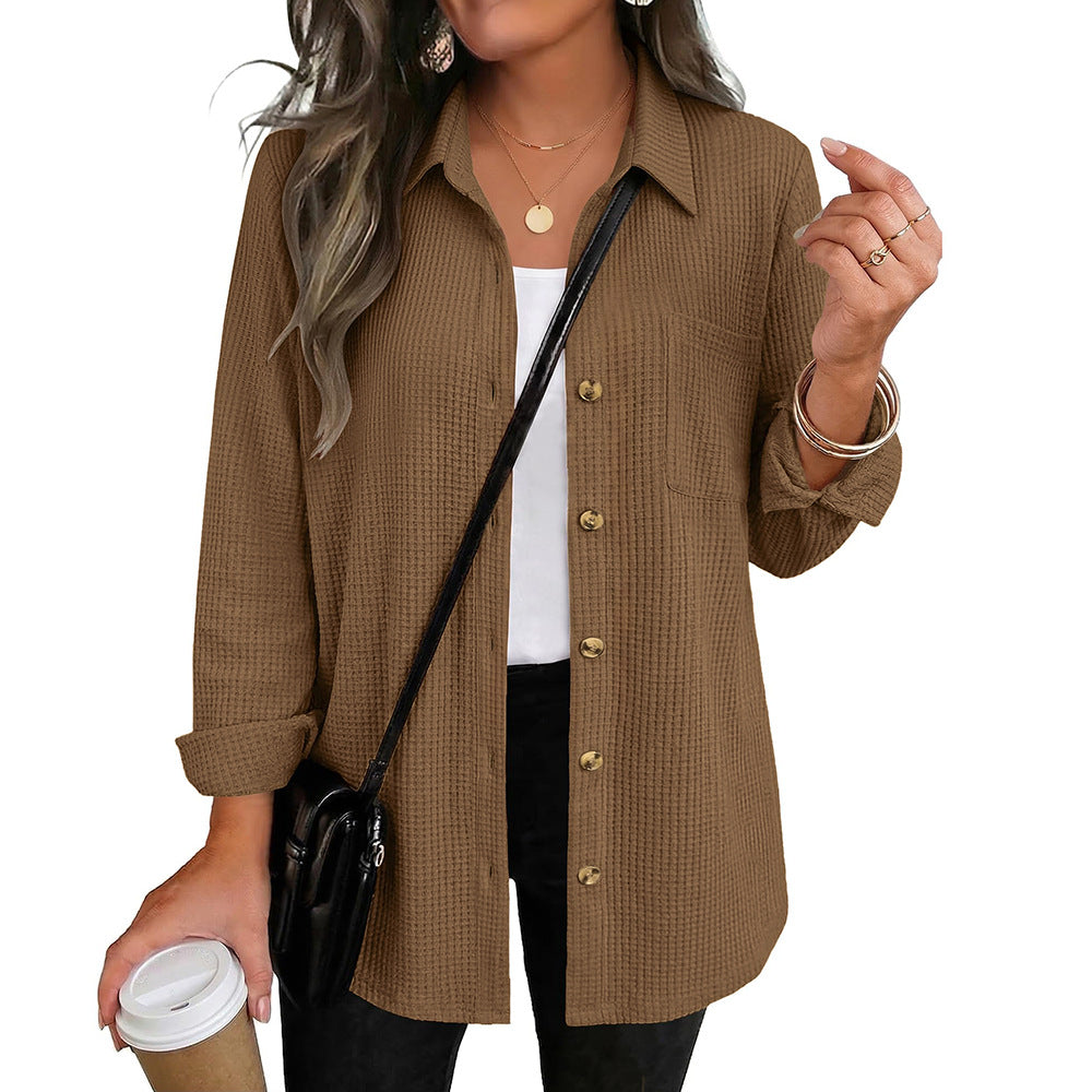 Waffle Knit Button Down Shacket Casual Long Sleeve Top