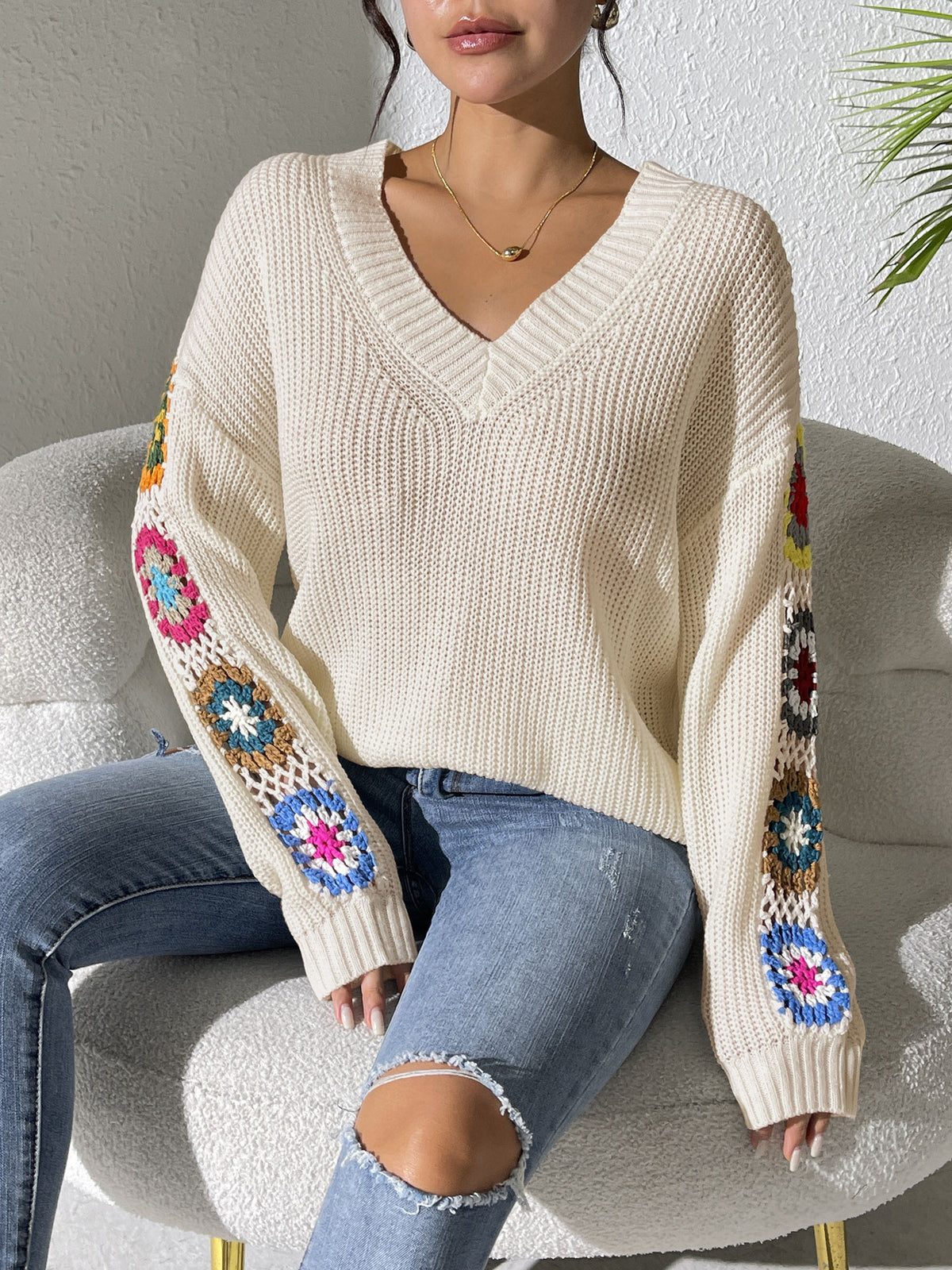 Women's Crochet Patchwork V-Neck Knit Sweater