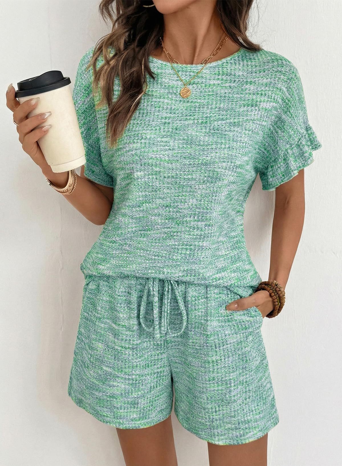Textured Knit Lounge Set Ruffle Sleeve Drawstring Shorts