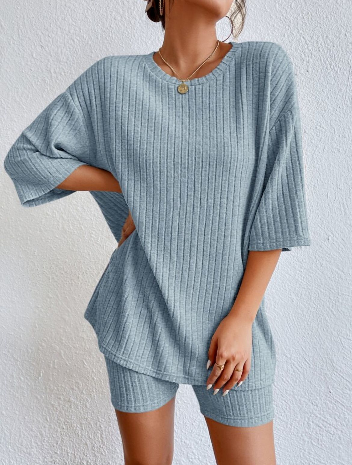 Ribbed Knit Two Piece Set Oversized Top & Biker Shorts
