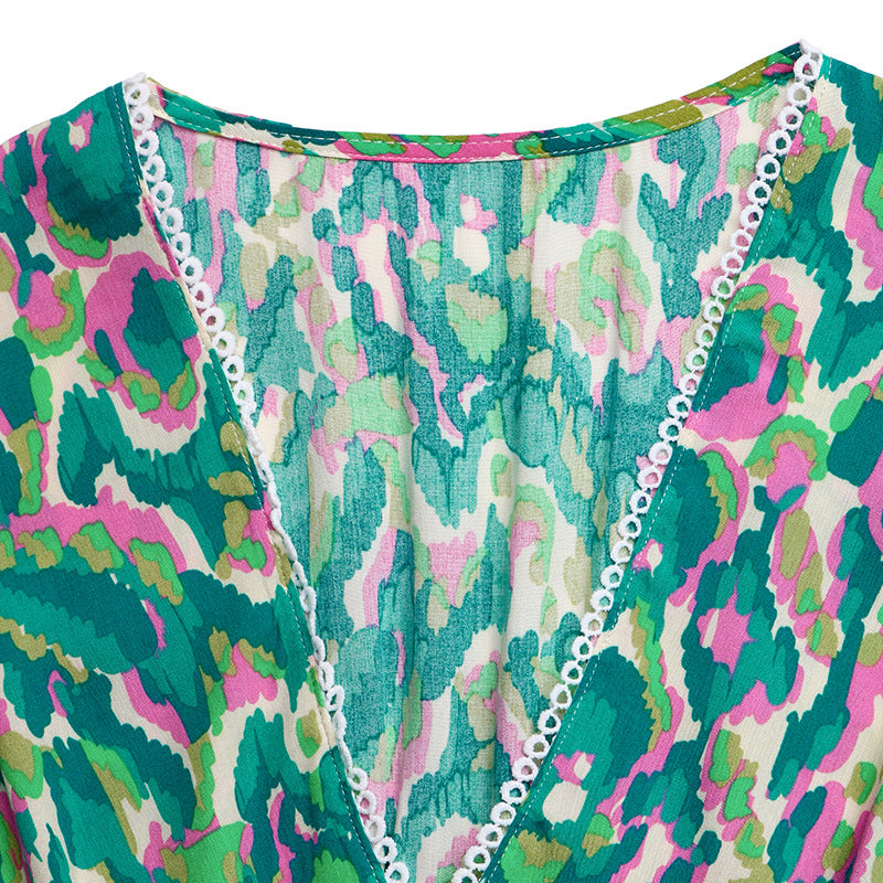 Abstract Cotton Maxi Dress Resort V Neck Tiered