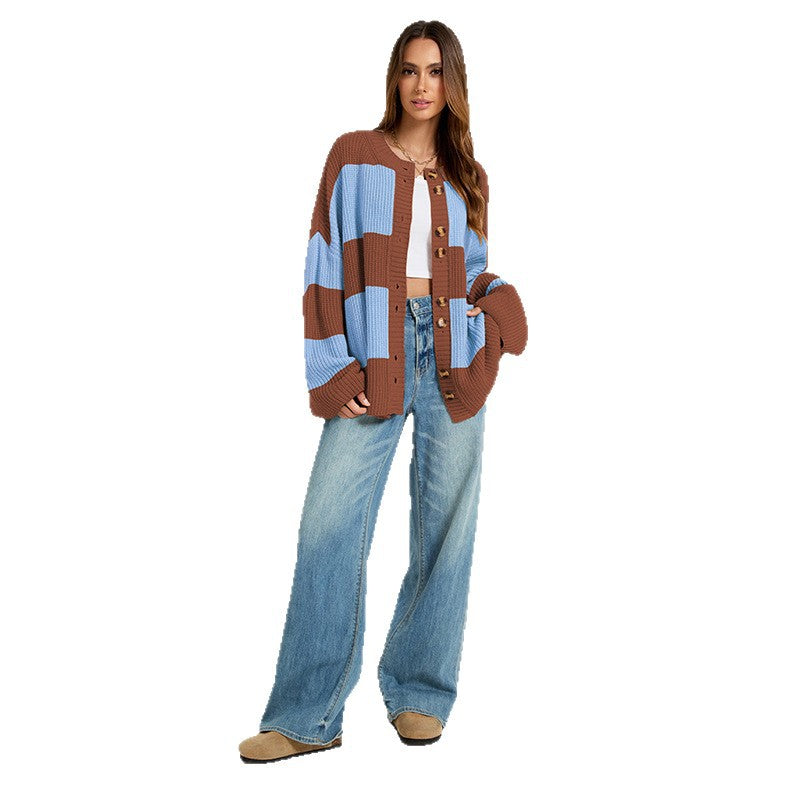 Oversized Color Block Chunky Knit Cardigan Sweater