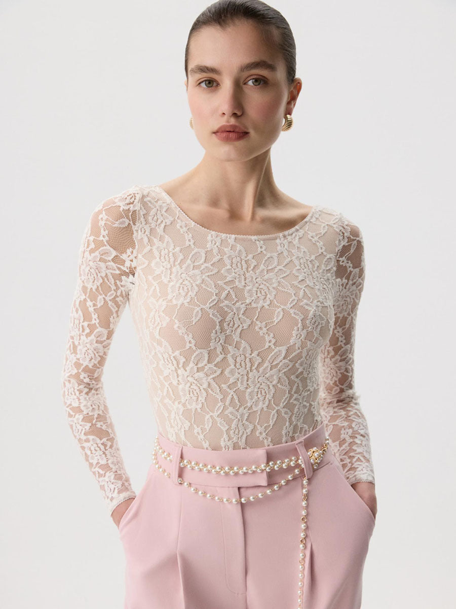 Women's Sheer Blouse Lace Long Sleeve Fitted U Neck Top