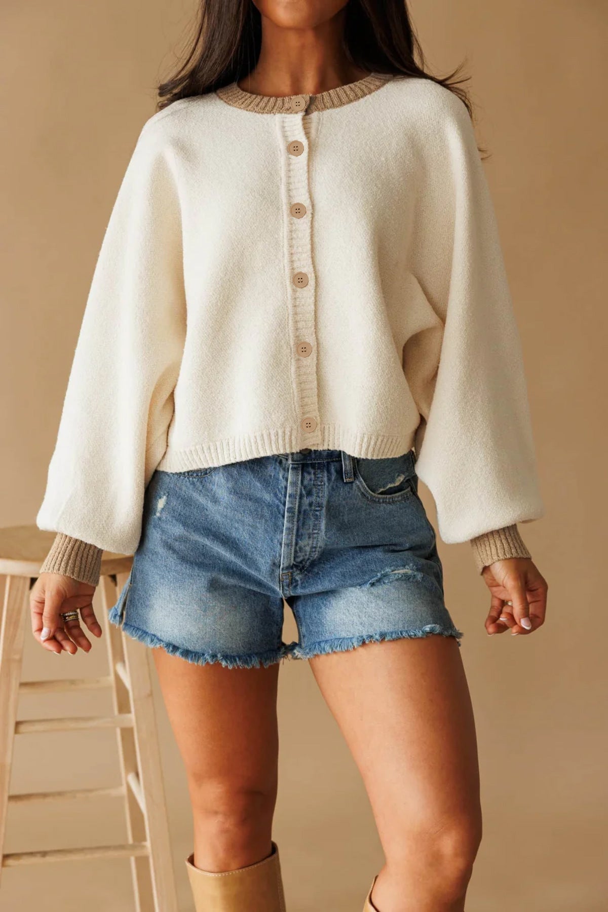 Women's Color Block Chunky Knit Button Front Cardigan