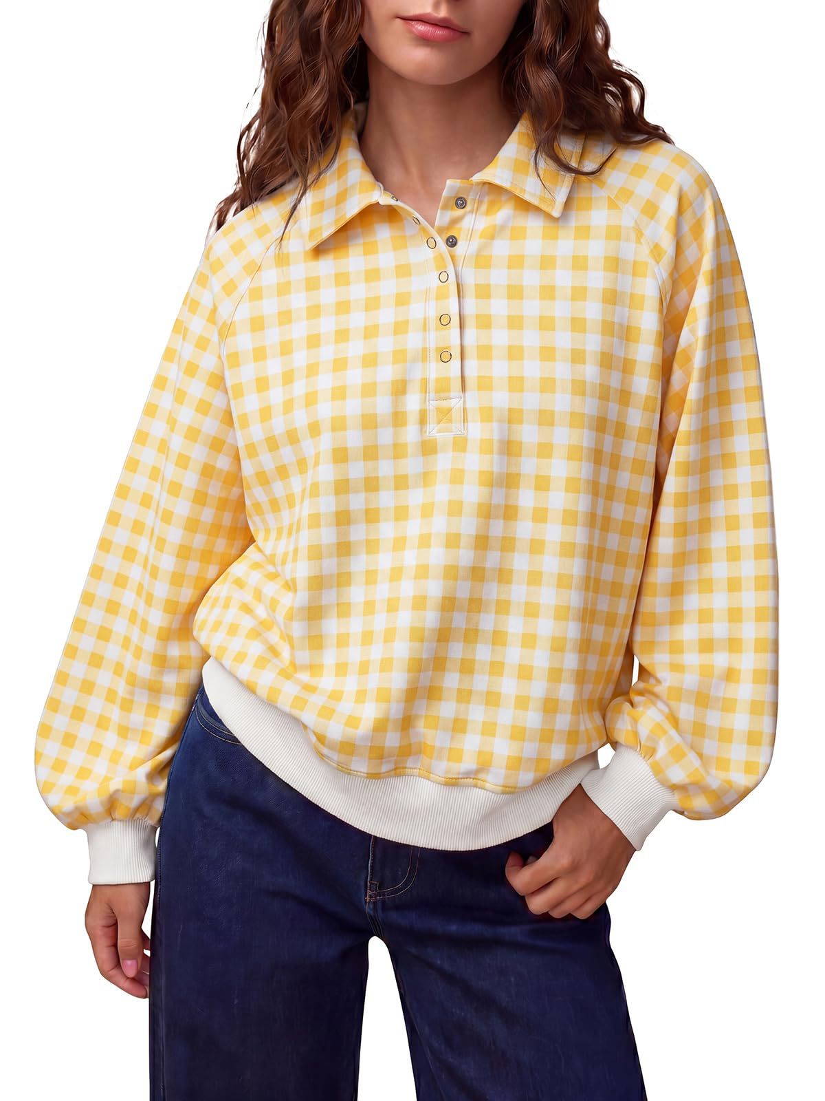 Women's Gingham Polo Oversized Pullover Sweatshirt
