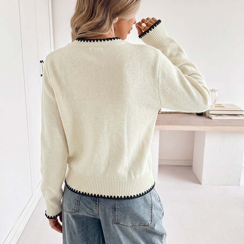 Women's Scallop Trim V Neck Button Front Knit Cardigan