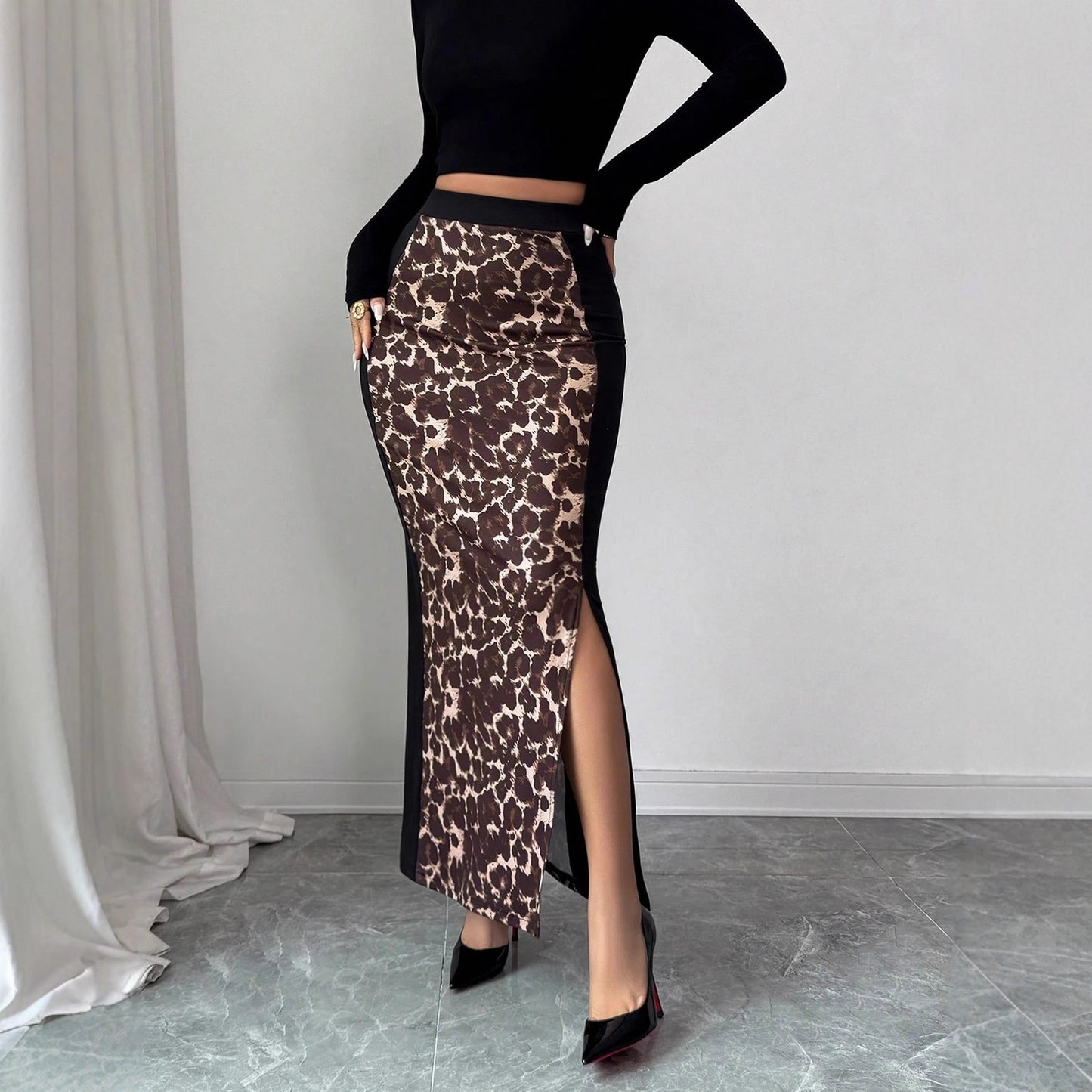 Leopard Print Colorblock High Waist Slit Maxi Skirt