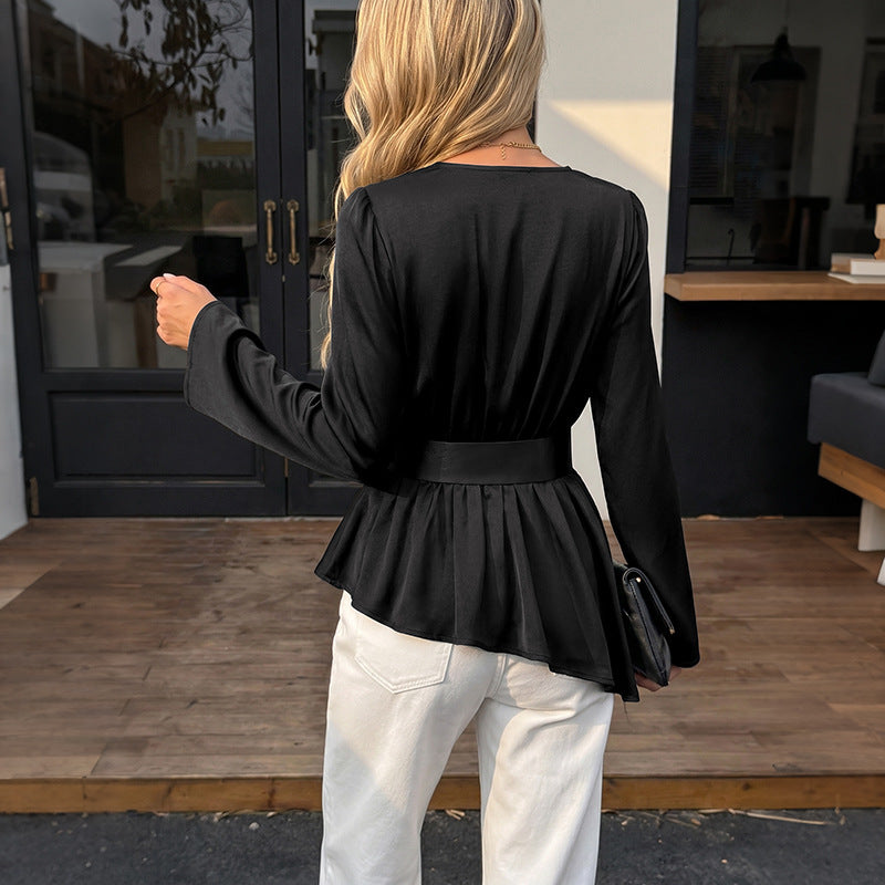 Solid Satin Blouse V Neck Peplum Long Sleeve Elegant Top
