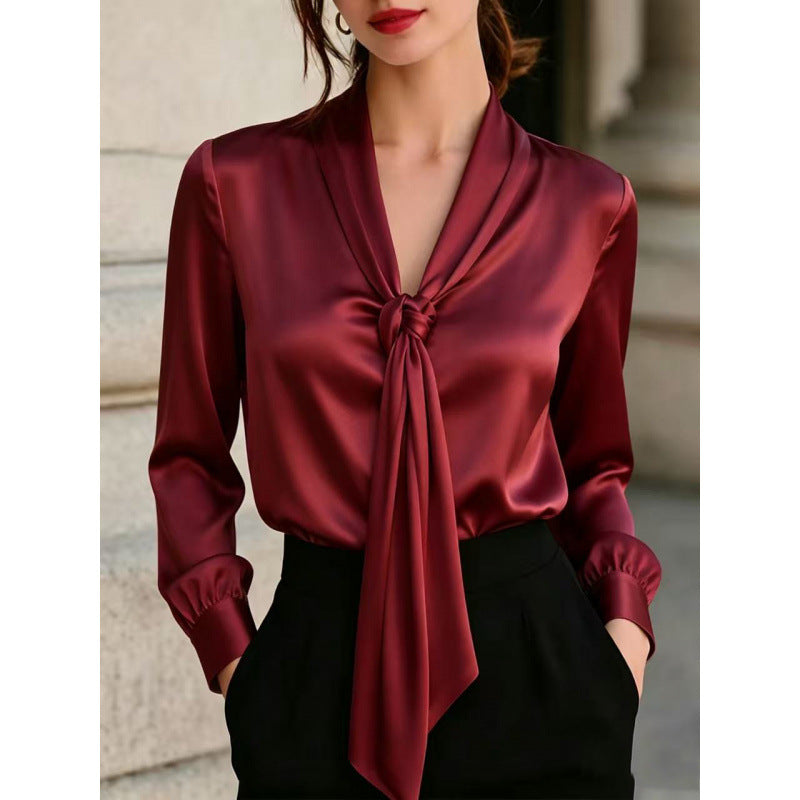 Solid Satin Blouse Elegant Tie Neck Long Sleeve