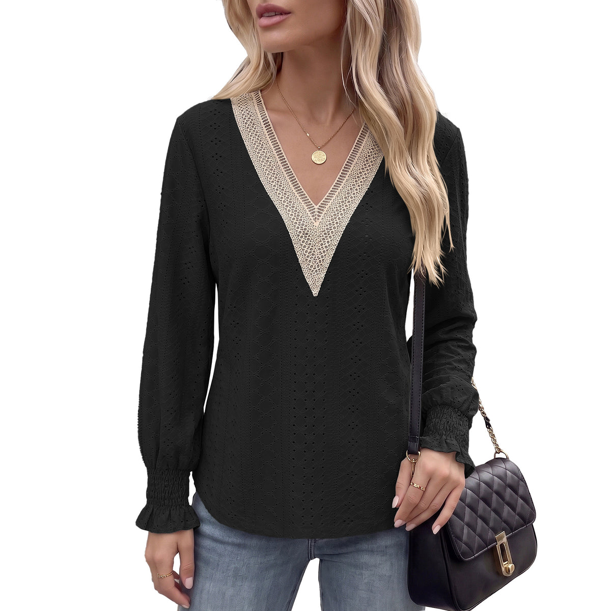 Women's V Neck Lace Trim Eyelet Long Sleeve Blouse
