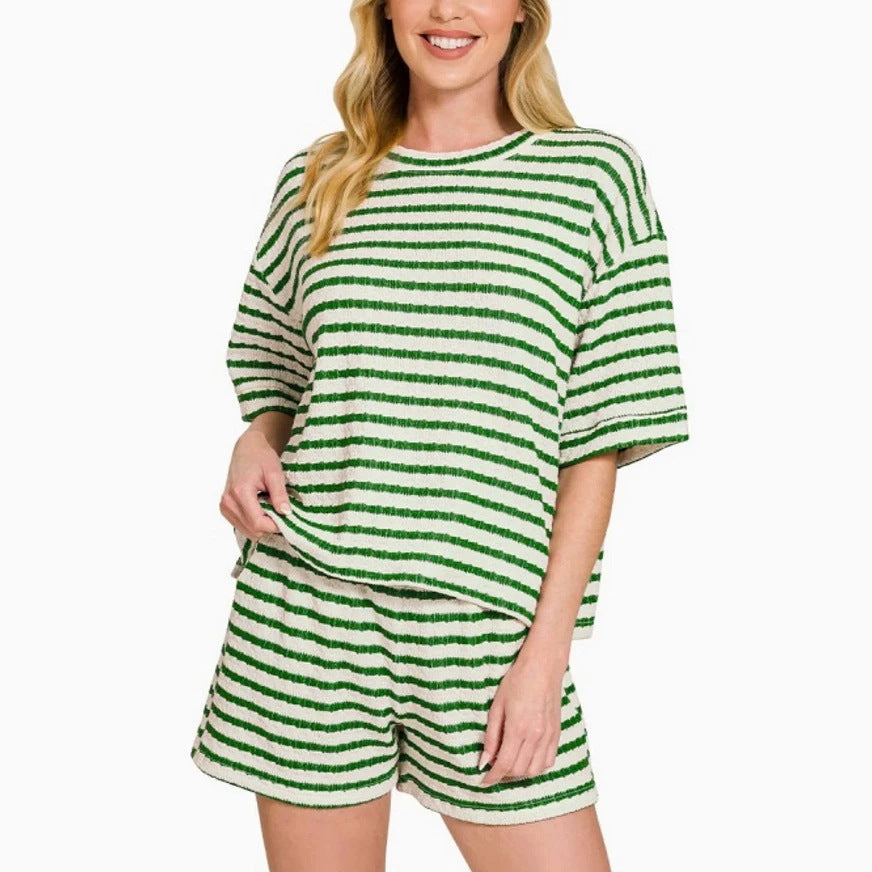 Striped Cotton Shorts Set Boutique Textured Knit Loungewear