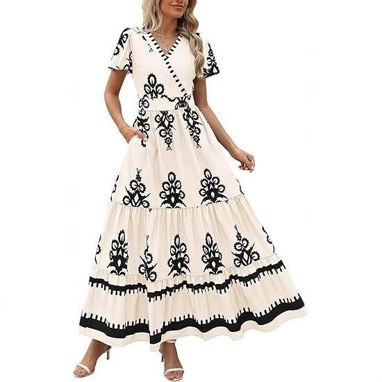 V Neck Floral Print Maxi Dress with Short Sleeves and Pockets