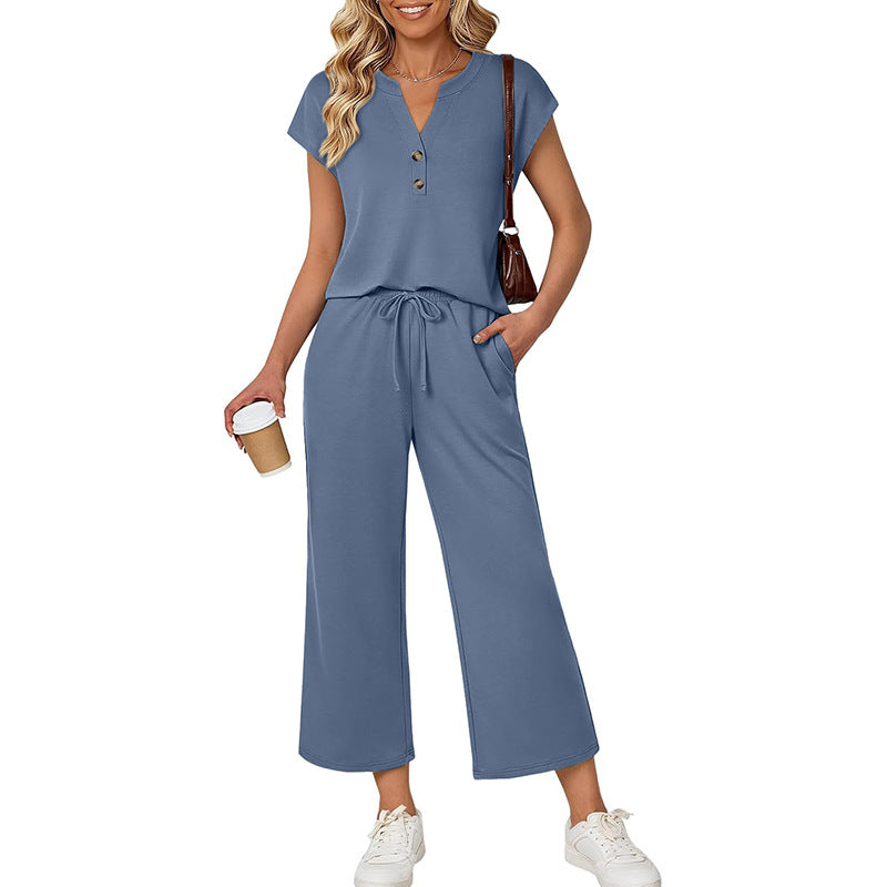 Women’s Button V-Neck Top Wide Leg Pants Set