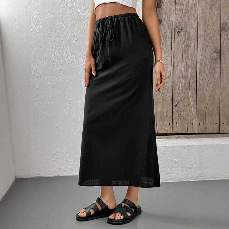 Solid Black Cotton Drawstring Midi Skirt