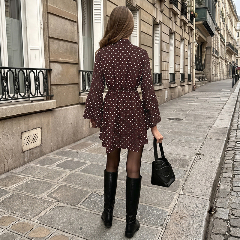 Women's Brown Polka Dot V-Neck Bell Sleeve A-Line Mini Dress