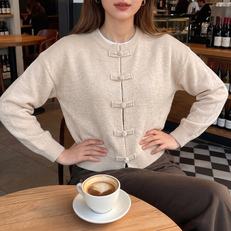 Frog Button Crew Neck Knit Cardigan Sweater