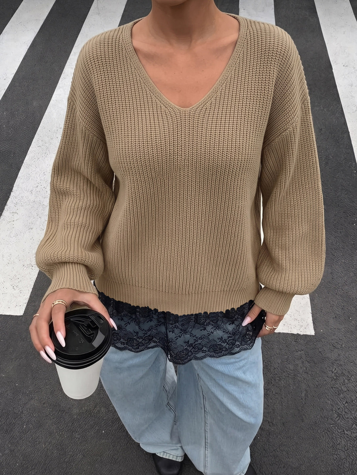 Women's Oversized Lace Trim Sweater V-Neck Lantern Sleeve