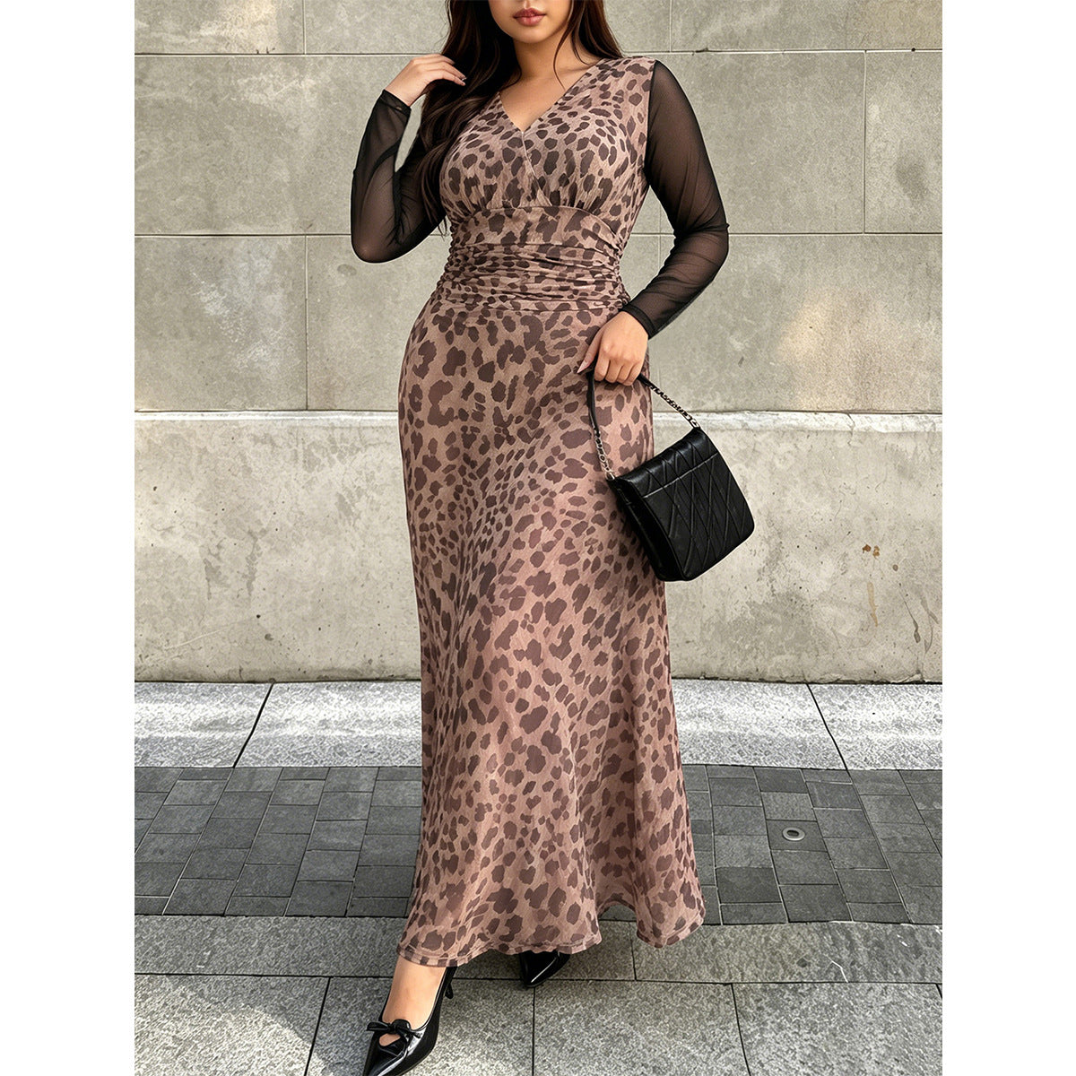 Plus Size Leopard Mesh Sleeve Maxi Dress