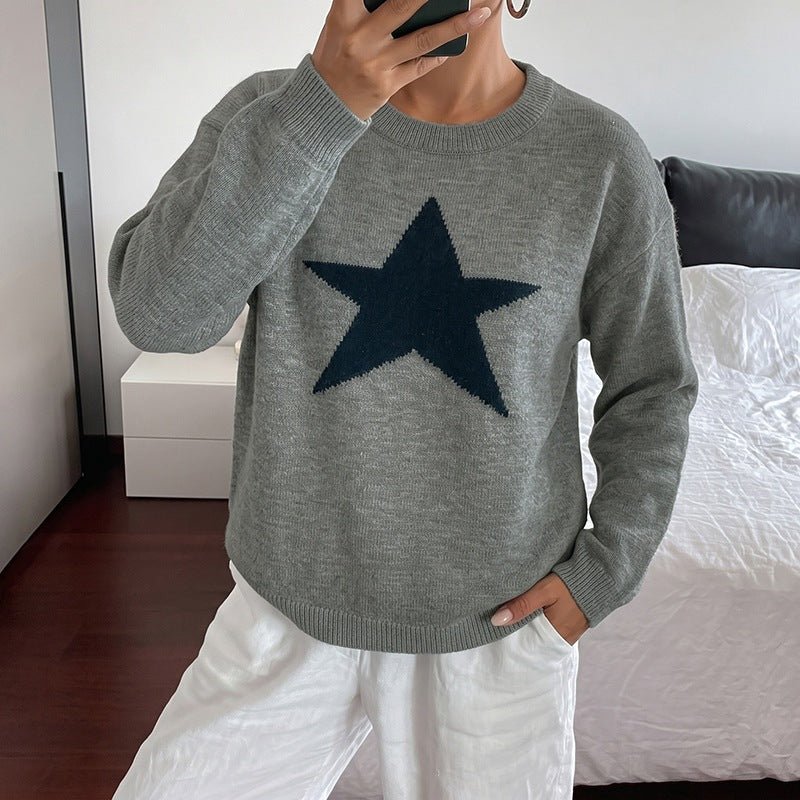 Star Pattern Knit Sweater Crew Neck Long Sleeve Top