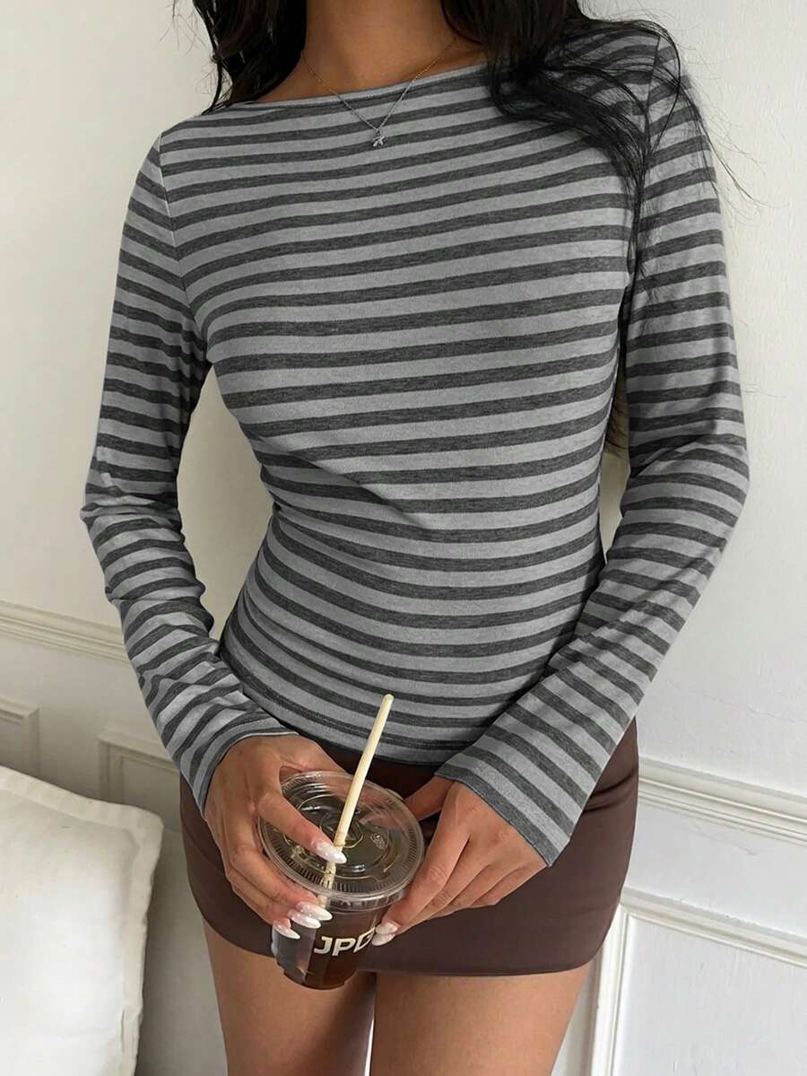 Striped Cotton Tee Casual Fitted Long Sleeve Trendy