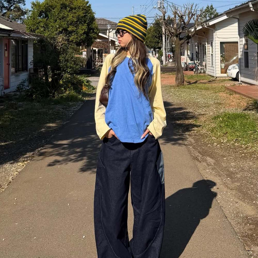 Women's Oversized Color Block Raglan Long Sleeve Cotton Tee