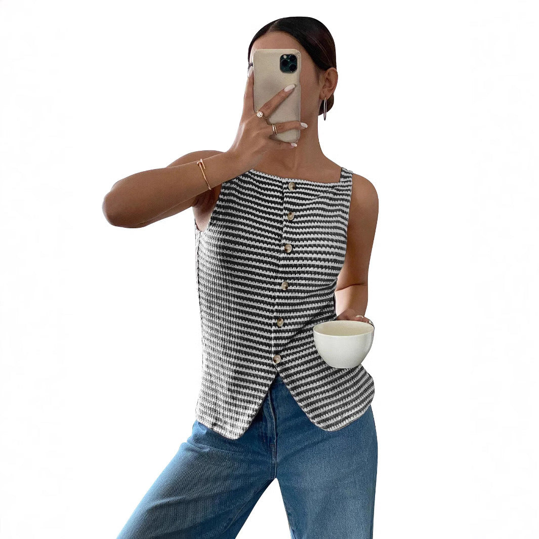 Striped Button Front Sleeveless Tank Top with Slit Hem