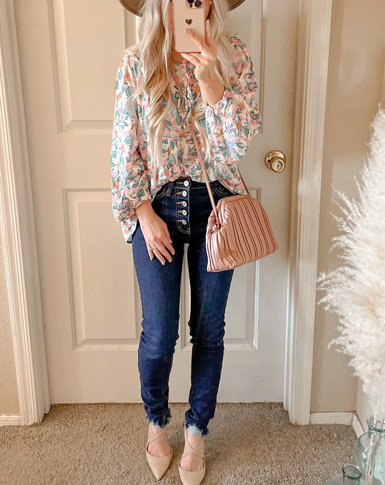 Floral Tie Neck Blouse Ruffle Long Sleeve Relaxed Fit