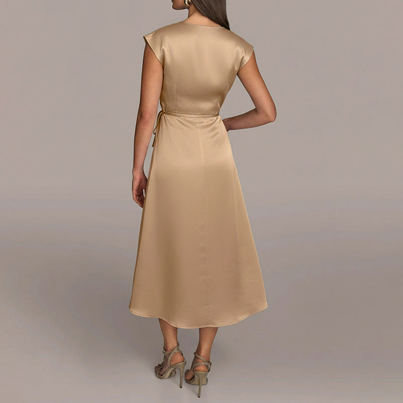 Elegant Sleeveless Satin Wrap Dress with Tie Waist for Women