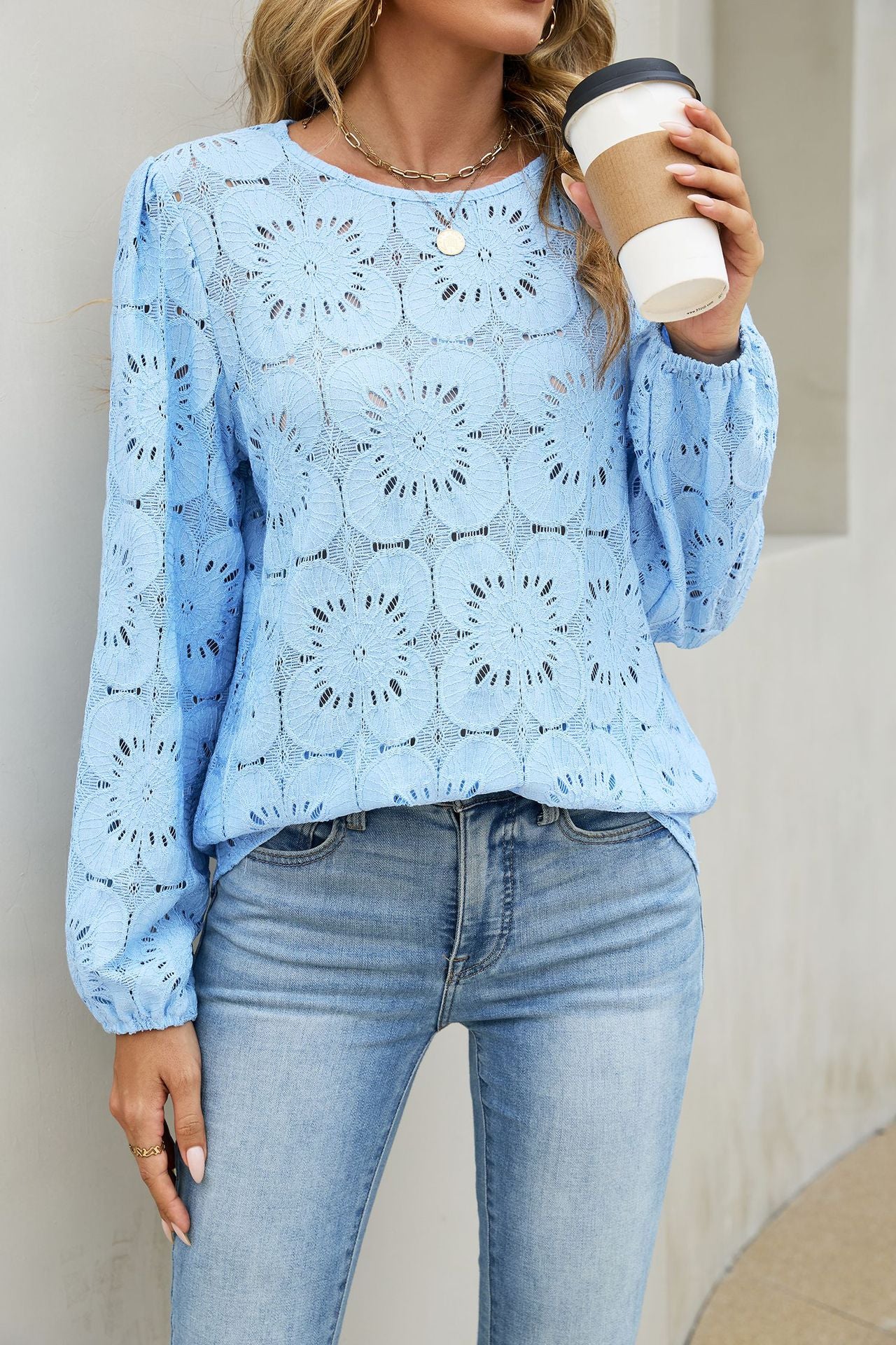 Eyelet Lace V Neck Top Long Sleeve Loose Casual Blouse