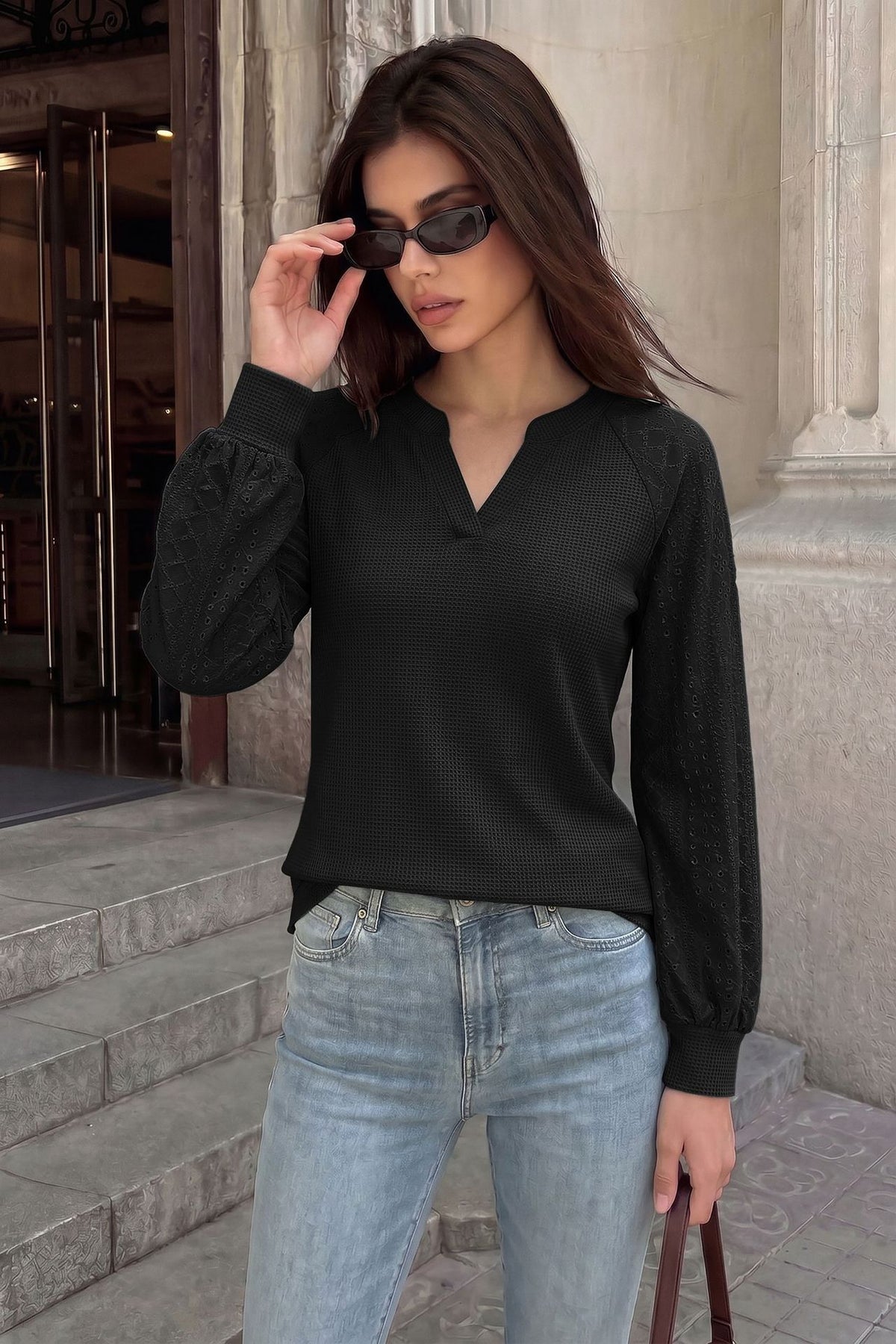 Waffle Knit V-Neck Eyelet Balloon Sleeve Casual Top
