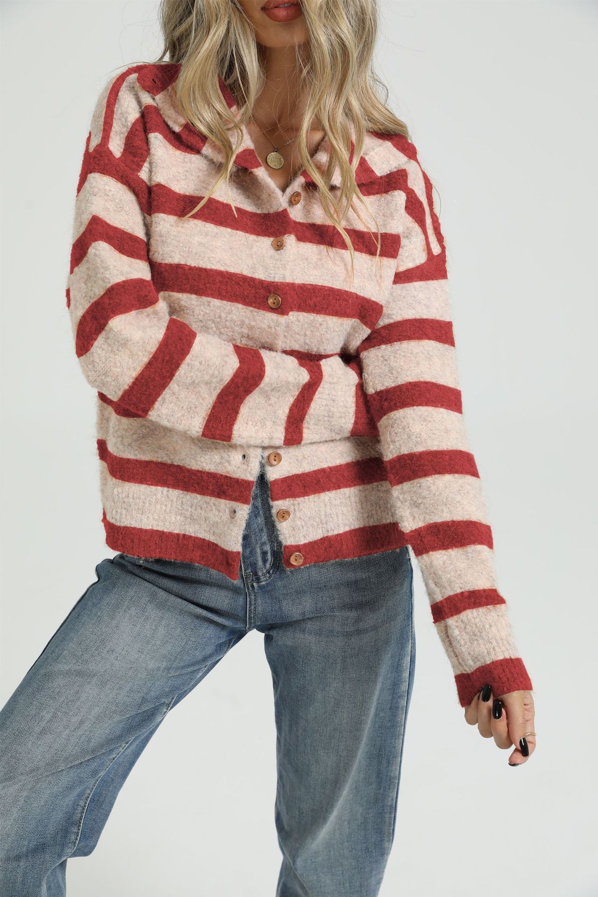 Women's Striped Collared Button Front Fuzzy Cardigan