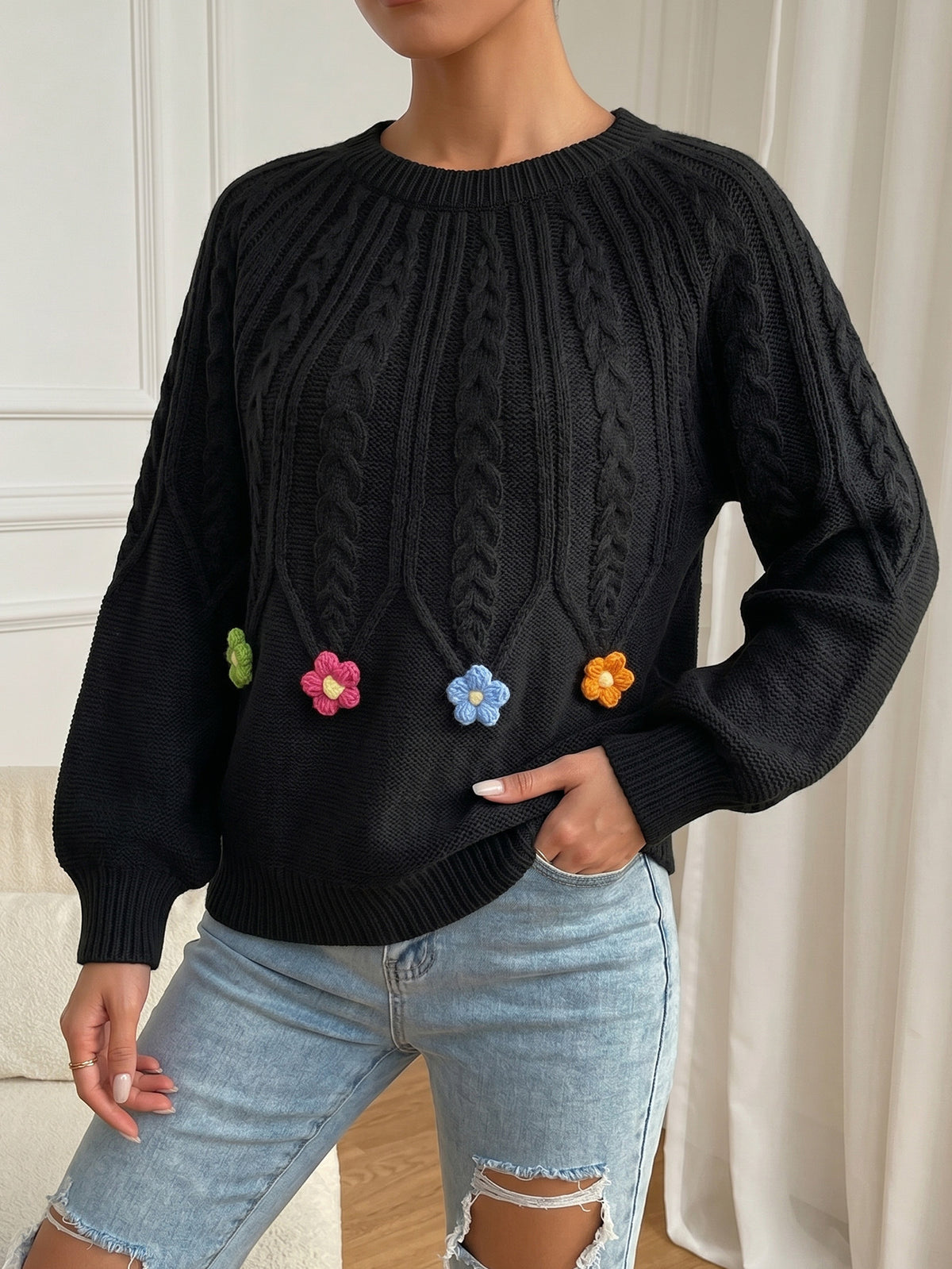 Women's Cable Knit Balloon Sleeve 3D Floral Sweater
