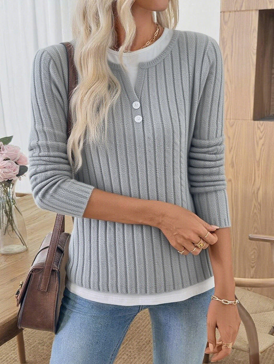 Solid Brushed Knit Top Casual Ribbed Henley Tee