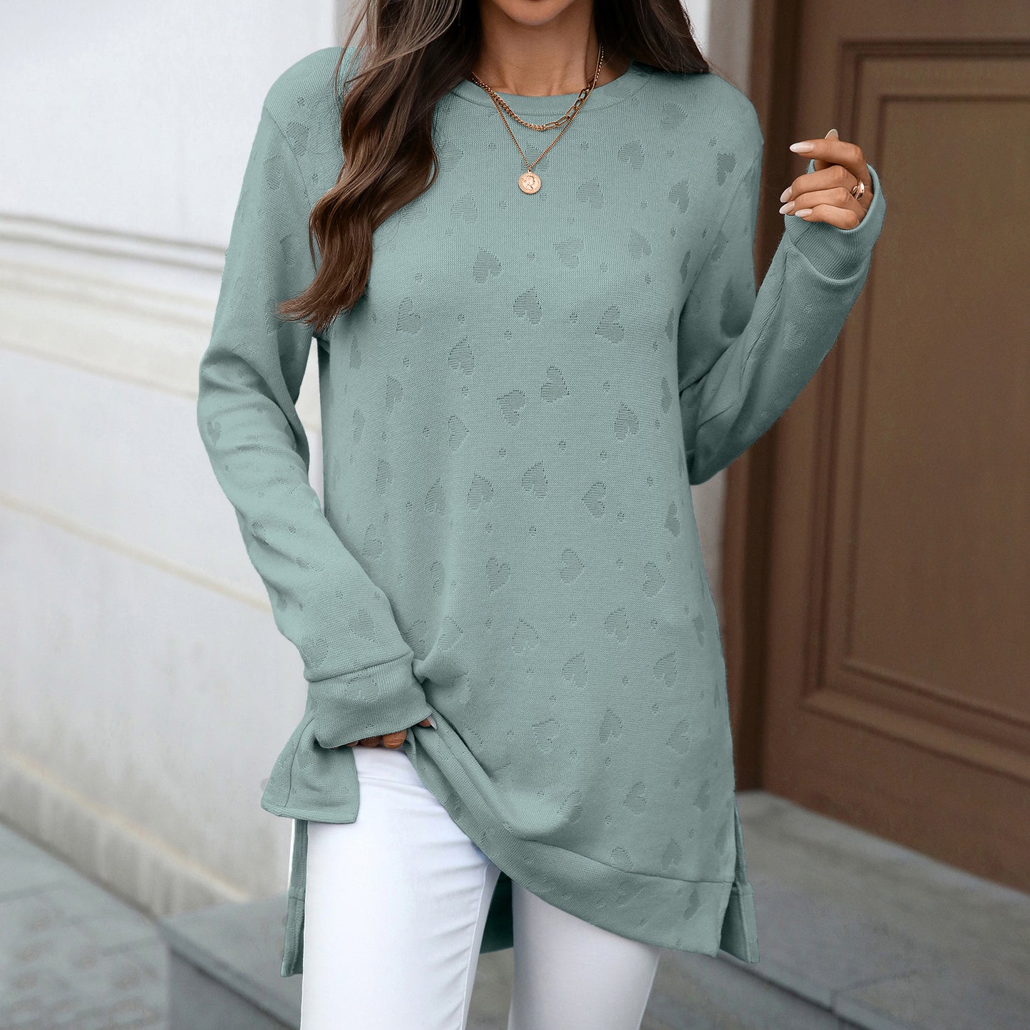 Oversized Crew Neck Long Sleeve Side Slit Knit Tunic Top