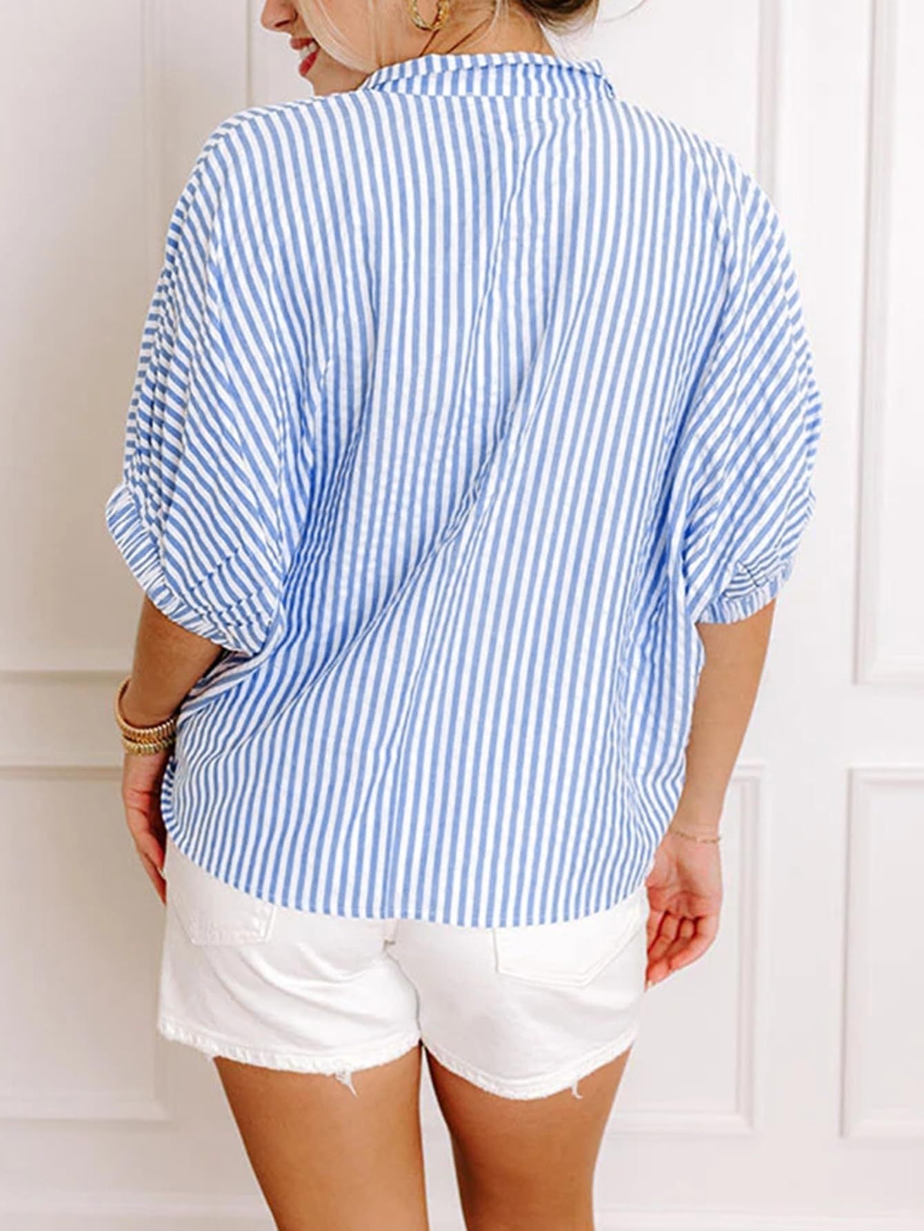 Striped V-Neck Colorblock Blouse Puff  Sleeve Casual Top