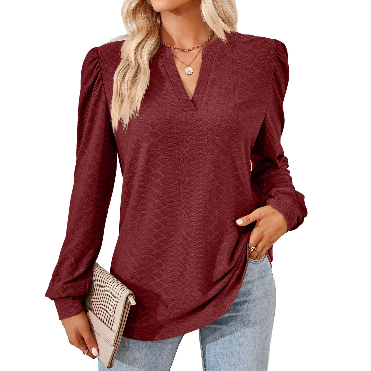 Women's V Neck Puff Sleeve Textured Long Sleeve Tunic Top